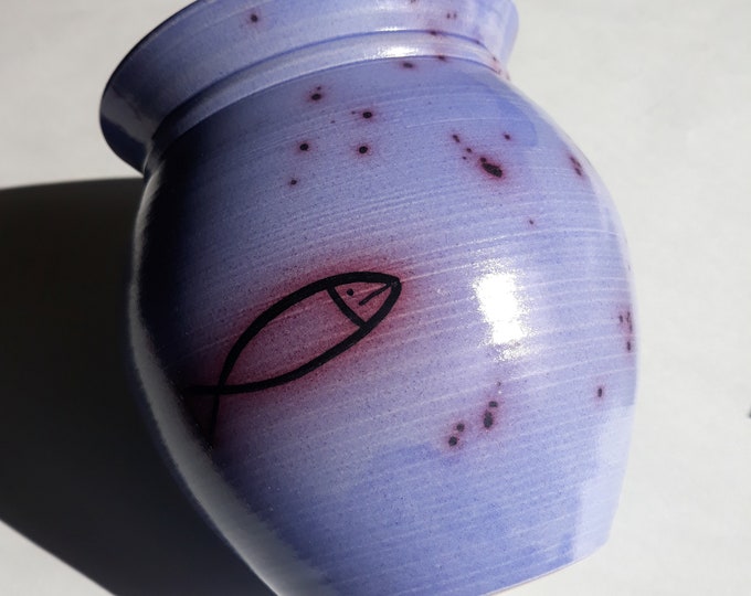 Margareta Akerberg Sweden. Ceramic Pot Jar. Blue Tones, Fish Decor. Sea Theme. Beautiful Hand Thrown Swedish Vintage Pottery. Artist Signed.