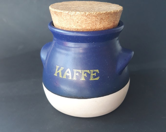 Aksini Denmark Stoneware Coffee Jar Pot Container with Cork Lid. Blue Matt Glaze. Kitchen Decoration. Scandinavian Design. Vintage Pottery.