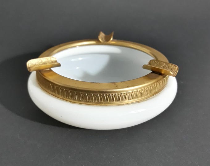 Beautiful Vintage Opaline Glass Ashtray. Brass Colour Metal Detailed Border. Softly Glows in UV Light. Lovely Piece from Mid Century.
