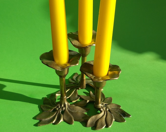 Art Nouveau Style Brass Three Candle Stick Holder. Antique Look. Beautifully Made with Floral Design. Vintage Brass Romantic Candleholder.