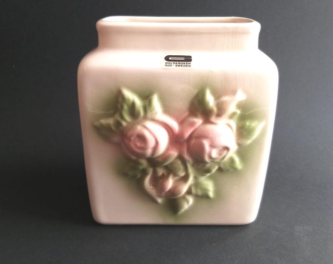 Guldkroken Hjo, Sweden. Vintage Ceramic Rectangular Vase with Rose Flower Relief Decor on Both Sides. Retro Home Decor. Swedish Pottery 70s.