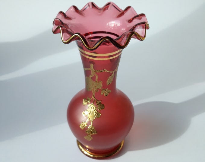 Romantic Czech Bohemian Soft Cherry Colour Glass Vase with Hand Painted Gold Decoration on Side. Ruffled Edge on Top. Vintage Art Glass.