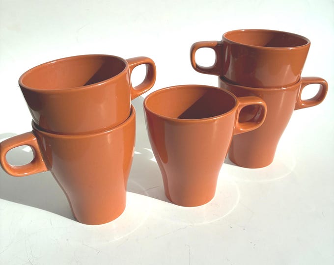One Set of 5 Ikea Fargrik Ceramic Mugs with Handle. Orange Brown Colour. Stackable. Swedish Tableware.