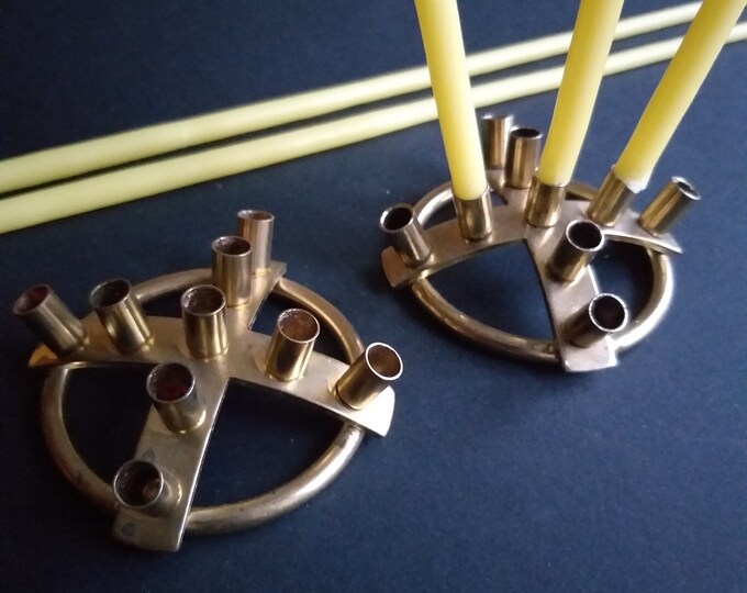Lovely Pair of  Metal Candle Holders for Nine Taper Candles. Marked Made in Denmark. Brass Colour. Mid Century - Modern Style. Stylish gift.