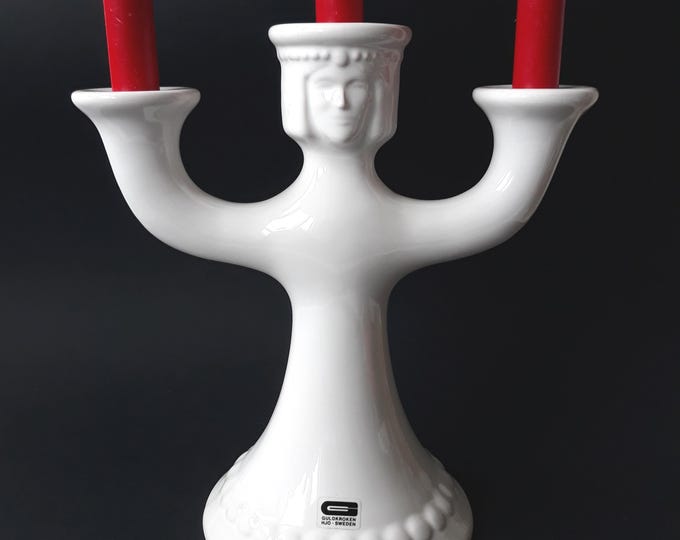 Rare Guldkroken Hjo Ceramic Candelabra for Three Candles. White Glossy Glaze. Vintage Swedish Pottery. Original Label.