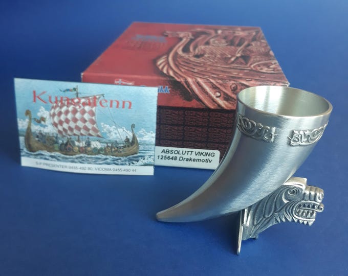 Vintage Konge Tinn Royal Norway Pewter Cup. Nordic Heilag Olav Snaps Cup. New in Original Box. Scandinavian Dragon Pewter Shot Glass.