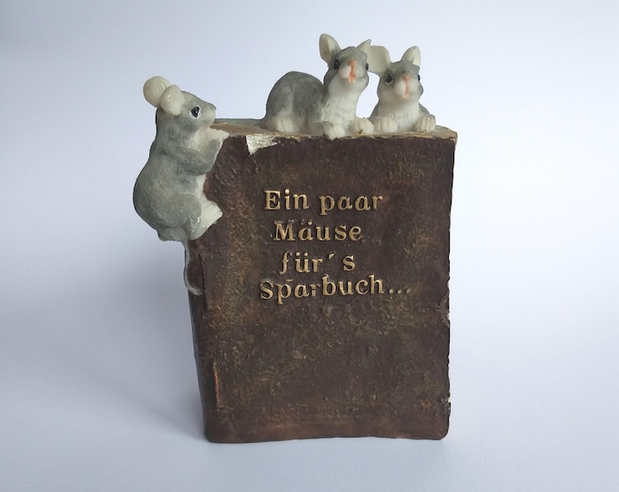 Piggy Bank in the Shape of a Old Damaged Book with Mouse Figures. A Cute Gift. Vintage Kitsch Piece from 80s.