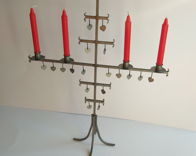Vintage Wrought Iron Swedish Folk Art Candelabra. Christmas Candlestick Dangling Hearts Holder. Beautifully Hand Crafted. Marked. Patina.