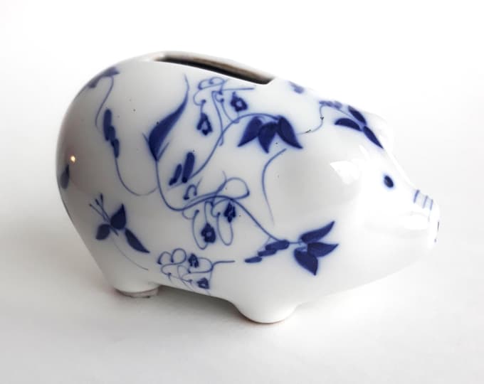 Small Porcelain Savings Bank. White Base with a Cobalt Blue stylized Floral Pattern. Cute Vintage Piggy.