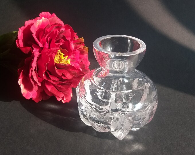 Scruf Sweden Heavy Clear Crystal Glass Vase. Design by Lars Hellsten. Thick Walled and Textured Bottom Glass. Mid Century Modern Design.