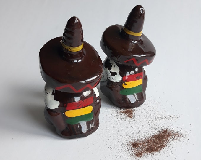 Vintage Mexican Ceramic Salt and Paper Shakers. Brown Glazed Redware Pottery. Hand Painted. Mexican Boys in Sombrero Taking a Siesta.