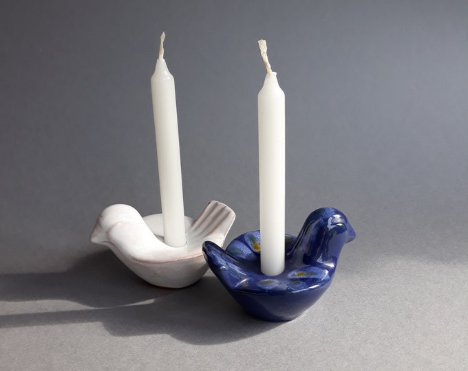 Pair of Gabriel Keramik Sweden Vintage Ceramic Candle Holders in Shape of Lovely Small Birds. Blue and White Colour Glaze. Marked. Pottery.