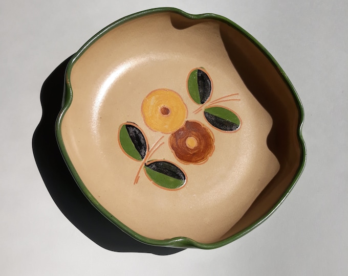 Upsala Ekeby Sweden. Large Stylish Vintage Ceramic Bowl in Great Colours. Stylized Flower Motif in Green Beige Colours. Swedish Pottery.