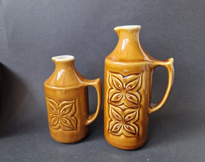 Set of 2 Vintage Mid Century Modern Ceramic Jugs with Handle. Brown Glossy Glaze. Stylized Flower Pattern. Lovely Home, Kitchen Decoration.