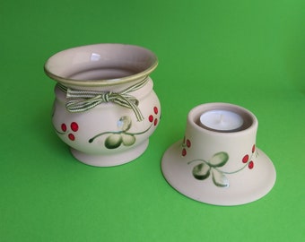 Gabriel Stengods Sweden. Set of Small Stoneware Pot and Candle Holder. Hand Painted Pieces with red Berries. lovely Vintage Swedish Pottery