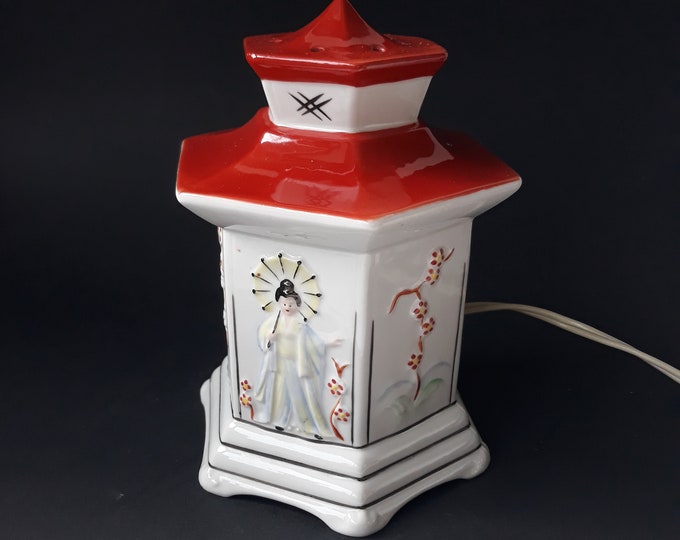 Elka GDR Vintage Porcelain Lamp Pagoda, Lantern. Hand Painted. Night Lamp. Lovely Side Lamp. Oriental Ceramic Lamp. Home Decoration from 50s