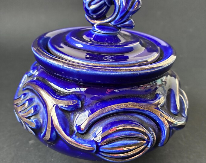 Vintage Swedish Cobalt Blue Ceramic lidded Trinket Dish with Silver Colour Floral embossing and Sculpted Leaf Finial. Marked.