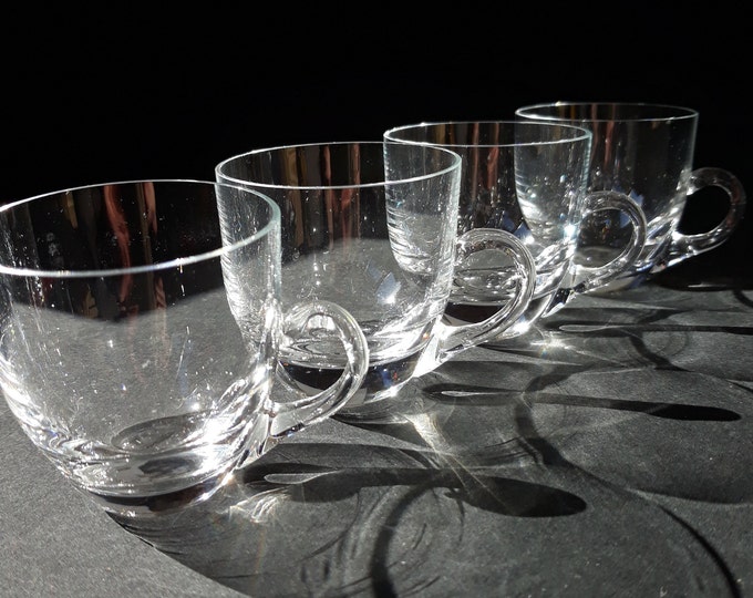 Set of Four Small Crystal Clear Glass Cups with Handle. Vintage Scandinavian Glassware. Possibly Hadeland. Quality Barware.