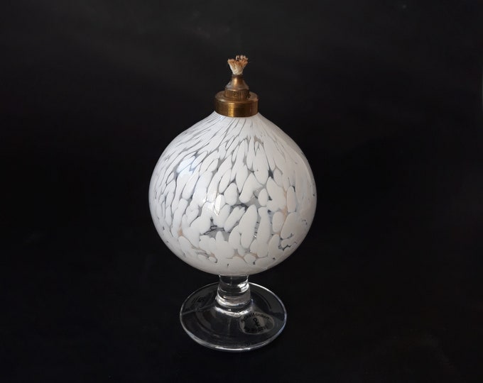 Laxa Glashytta Sweden Oil Lam on Pedestal. Brass Top. Clear White Glass Colour. Original Labels. Vintage Scandinavian Art Glass Design.