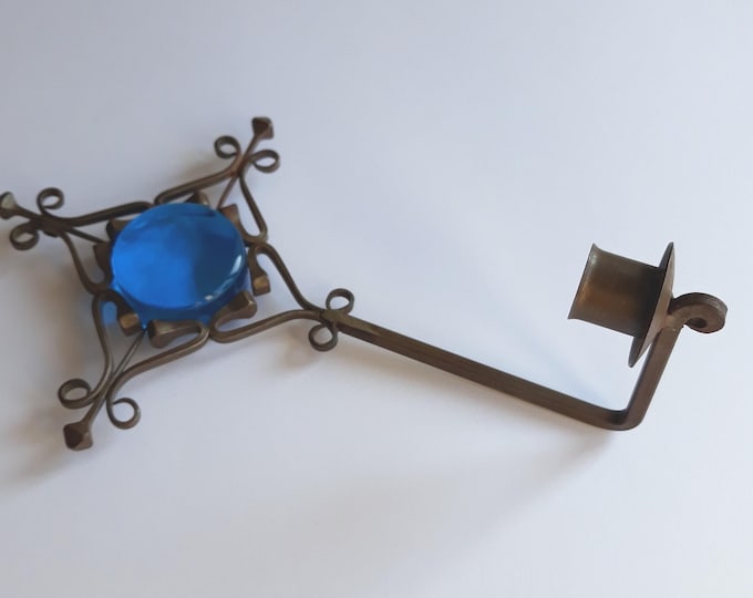 Iron Metal Vintage Wall Hanging Sconce Sweden. Design by Bertil Vallien. Hand Made with Horse Shoe Nails Soldered Together. Blue Christal.