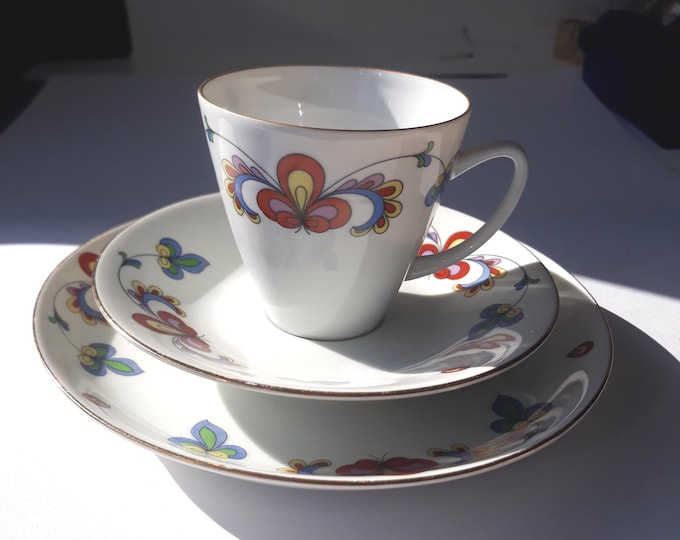 Choice of Trio OR Duo Set of Farmers Rose Bondemønster Pattern Porsgrund Norway. Small Demitasse Cup, Saucer. Norwegian Vintage Porcelain.