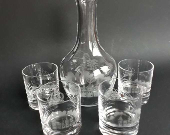 Nybro Sweden Full Crystal Set. Decanter and 4 Glasses. Pattern  "Gripsholm". Design by Jens Leek. Beautiful Quality Cut Crystal. Marked.