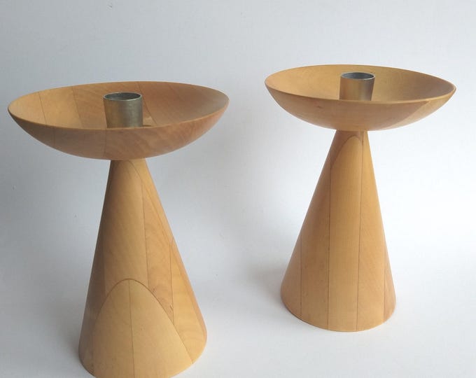 Pair of Vintage Turned Wood  IKEA Candlestick Holders. Metal Inserts. Original Labels. Swedish Mid-century Design Home Decoration from 70s.