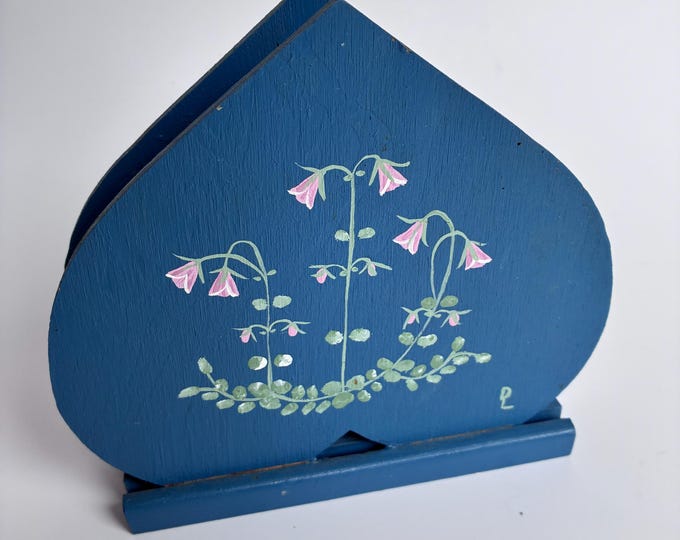 Hand crafted Swedish Wooden Napkin Holder. Hand painted. Floral Linnea Design. Label from a Swedish Artisan Manufacturer.