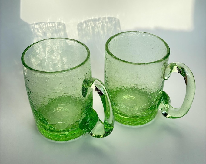 Pair of Crackle Glass Mugs in soft Green Hue. Vintage Glass. Scandinavian Glass. Perfect for Refreshing Summer Drinks.