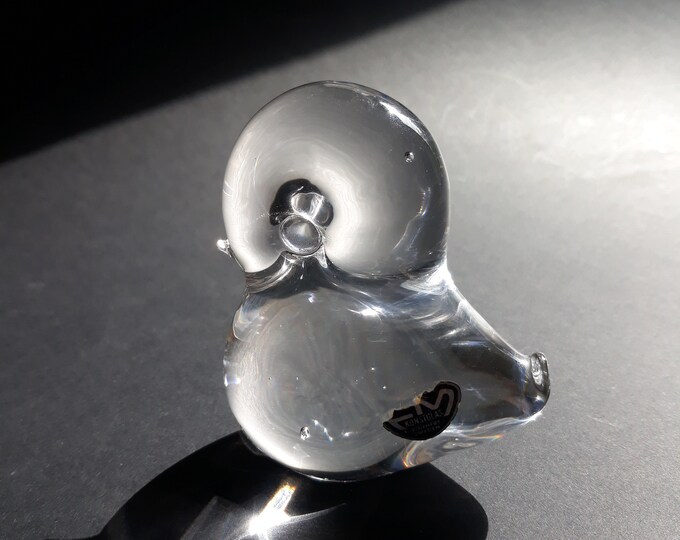FM Ronneby Konstglas Sweden. Clear Crystal Glass Small Duck Paperweight Sun Catcher. Vintage Swedish Art Glass Bird Figurine. Original Label