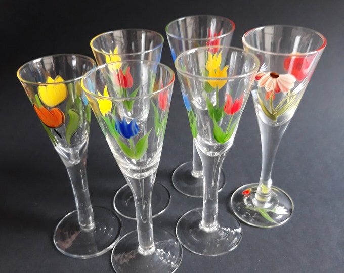 Set of 6 Miljögården Sweden Wing Glasses. Hand painted. Floral Design. Cute Set of Six Swedish Shot Glasses. Vintage Barware.
