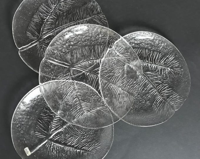 Set of 4 Kosta Boda Textured Clear Crystal Glass Cake Pates in Pine Branch Pattern. Swedish Design. Vintage Scandinavian Tableware.