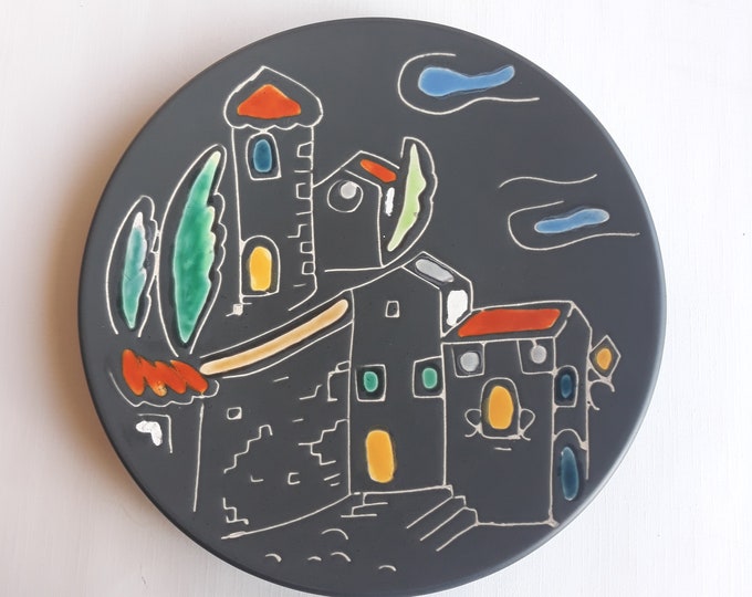 Ruscha Art west Germany. Decorative Ceramic Wall Plate. Mid Century Modern Design on Black Base. Bright Glazed Colours. Home Decor from 60s.