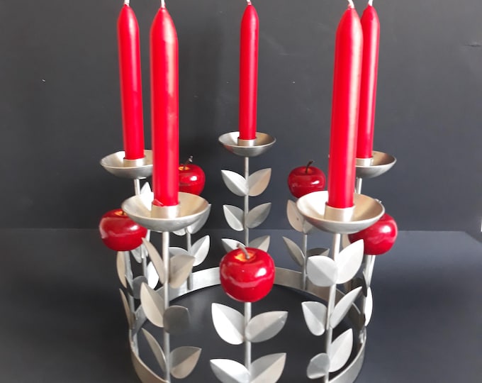 Stunning Large Metal Candle Holder for Five Candles. Stylized Flowers, Leaf. Sweden. Sturdy Round Shape. Scandinavian Christmas Home Decor.
