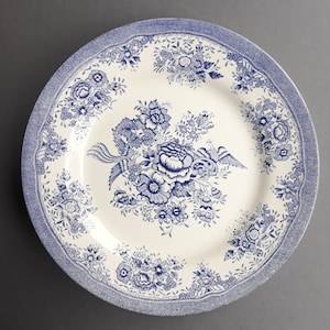 Puede incluir: Un plato de cena de cerámica blanca con un patrón floral azul. El plato presenta un diseño delicado de flores, hojas y pájaros.