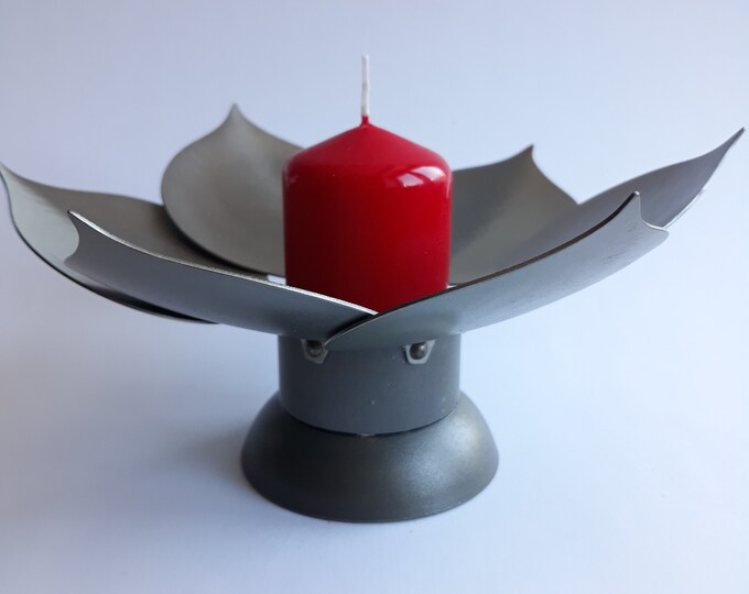 Vasteras Landstingets Verkstader Sweden Metal Candle Holder with Candle. Flower Shape. Original Label.  Vintage Swedish Design Home Decor.
