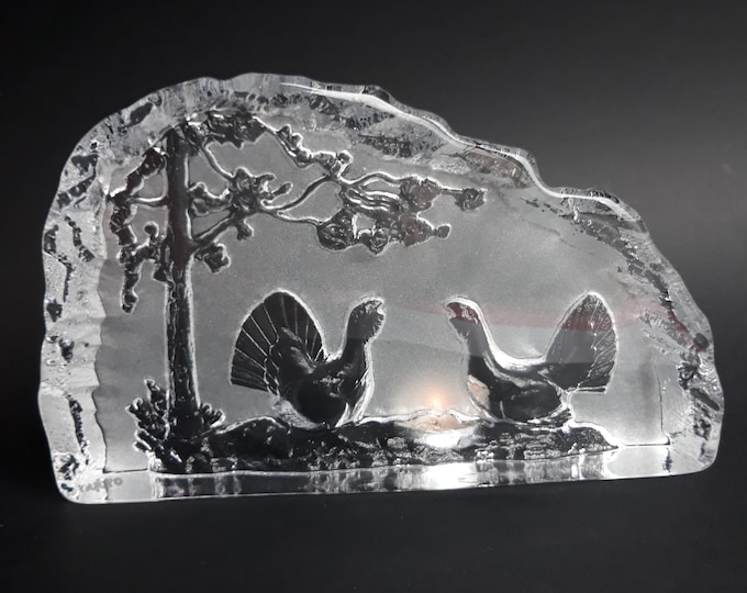 Vintage Nybro Sweden. Amazing Large Crystal Glass Piece. Paperweight. Clear Frosted Crystal Glass. Hunters Birds in the Forest under a Tree.