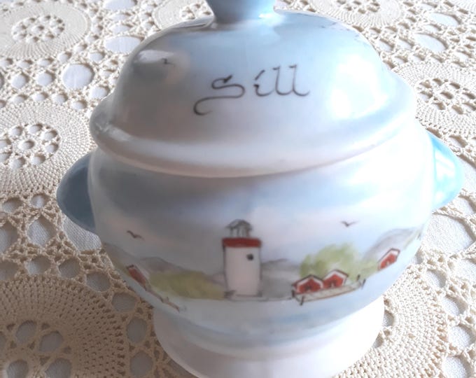 Vintage Swedish Hand Painted Faience Pot, Jar, Vessel for Herring. Sweden Marine Theme. The Work of an Artist. Will look Great on the Table.
