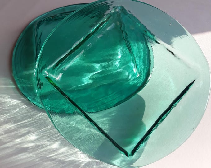 Set of 2 Lindshammar Sweden Sea Green Crystal Glass Desert Plates. Round Shape with Deeper Square in Middle. Beautiful Scandinavian Glass.