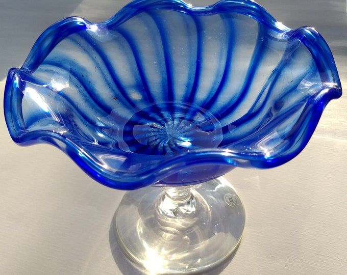 Sweden Reijmyre Art Glass. Beautiful  Compote in Blue tones. Scandinavian Design. Rare Find. Elegant Vintage Dish on Pedestal.