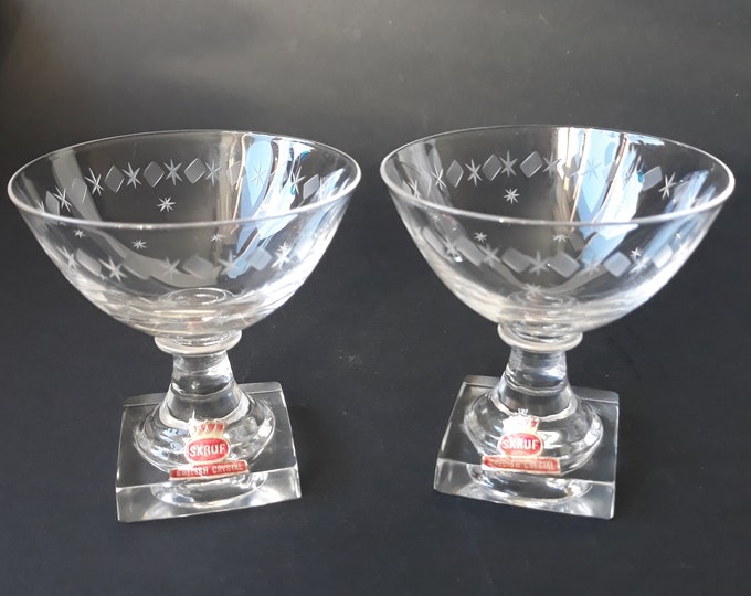 Set of 2 Stylish Scruf Sweden Calvados Glasses. Etched Crystal Glasses on Pedestal with Square Foot. Original Labels. Swedish Barware.