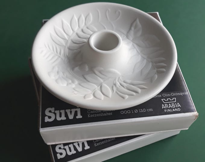 Suvi (Summer) Arabia Finland One Candle Holder. Bisque Porcelain with Embossed Floral Pattern. Design by Gunvor Olin Grönqvist.