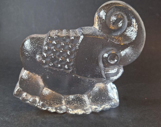 Skruf Sweden Heavy Transparent Crystal Glass Rocking Elephant Figurine. Design by Lars Hellsten. Swedish MCM Animal Paperweight Home Decor.