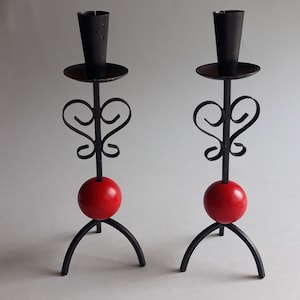 Bo Svensk Produkt Sweden. Two Vintage Hand - forged Black Metal Candlesticks with inserted Red Wooden Ball. Swedish Metal Art. Home Decor.