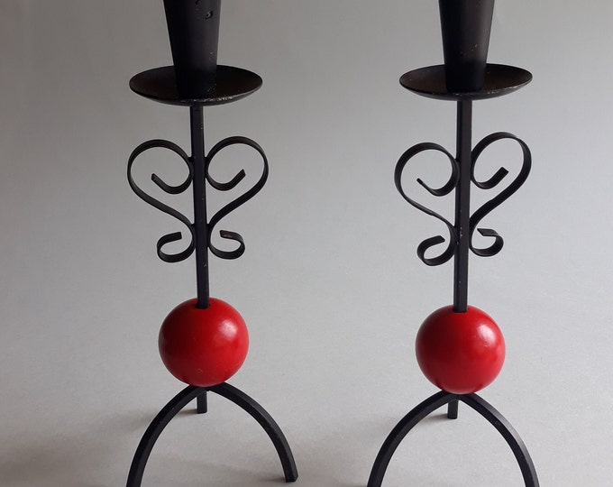Bo Svensk Produkt Sweden. Two Vintage Hand - forged Black Metal Candlesticks with inserted Red Wooden Ball. Swedish Metal Art. Home Decor.