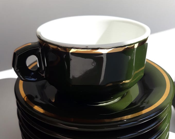 One Large Vintage Pillivuyt France Porcelain Demitasse Cup and Saucer Set. Dark Green with Gold Trim. French Tableware. Marked. Used.
