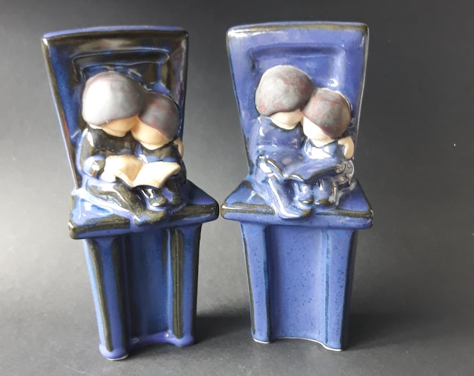 Set of 2 Jie Keramik Stendodsatelje Sweden Wall Decors. Reading Couples. Blue Colour Glaze. Original Label. Marked. Swedish Art Pottery.