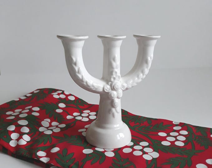 Rosa Ljung Sweden. Three Arm Ceramic Candle Holder Candelabra. Ecru Colour with Rose Flower Relief Decor. Vintage Swedish Pottery.