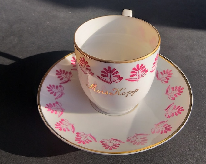 Vintage Upsala Ekeby KP Karlskrona Porcelain Cup with Saucer.  Inscription Mors Kopper  in Danish (Mother's Cup). Beautiful Set for Coffee.