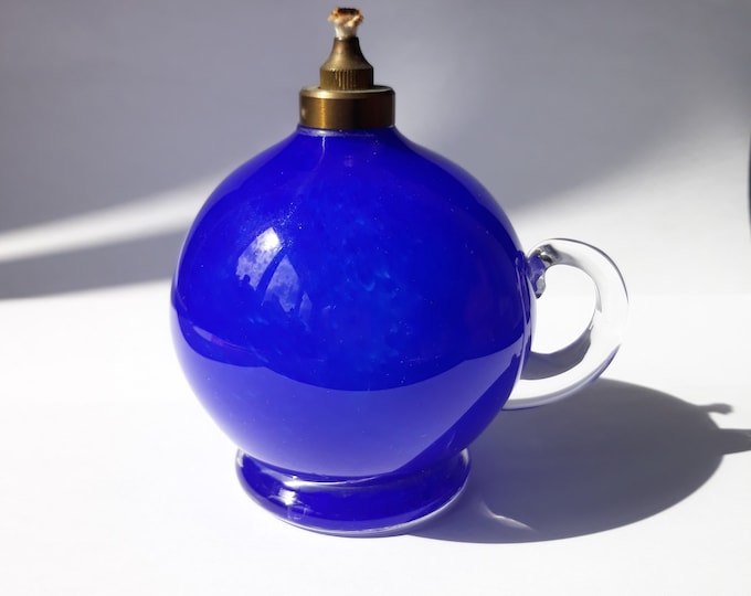 Beautiful Vintage Art Glass Oil Lamp with Handle in Clear and Bright Blue Colour. Brass. Scandinavian Origin Piece. Swedish Home Decoration.